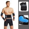 Nylon sports protective gear set with ankle brace, elbow pads, palm guard, and waist support on white background