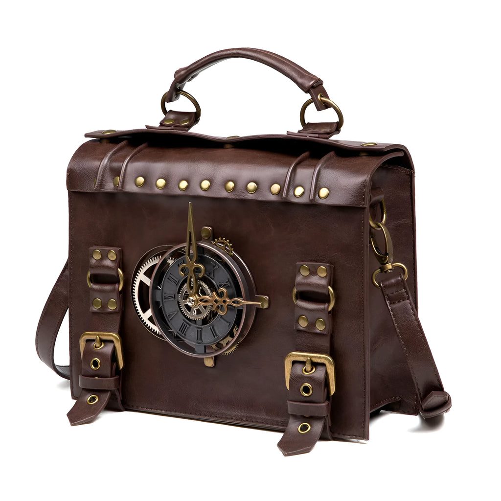 Bronze steampunk pillow shoulder bag with metal hardware on a structured square PU body.