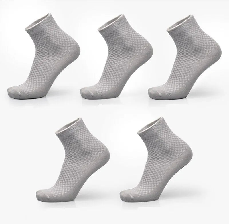 Men's bamboo fibre business socks with small square pattern in black, grey blue, iron grey, navy blue, and silver grey.