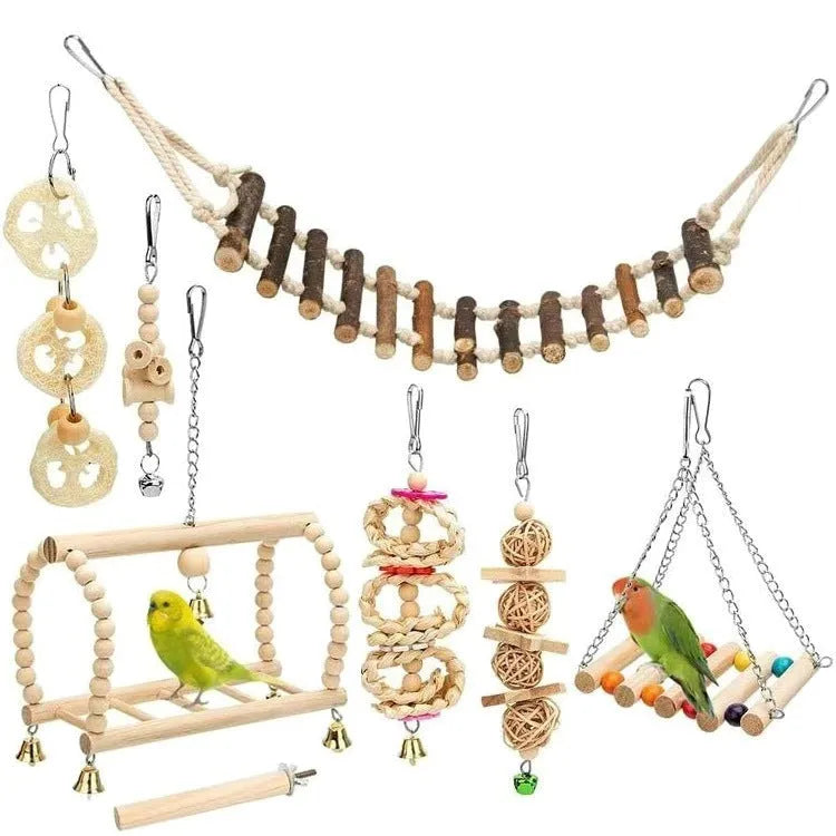 8-piece wooden parrot bite toy set with log, swing, ring, bell and string elements for small and medium birds