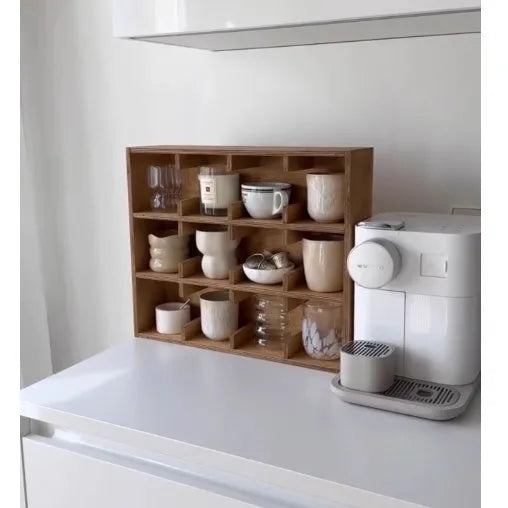 Solid wood cup storage rack with multiple square grids in birch wood meridian colour