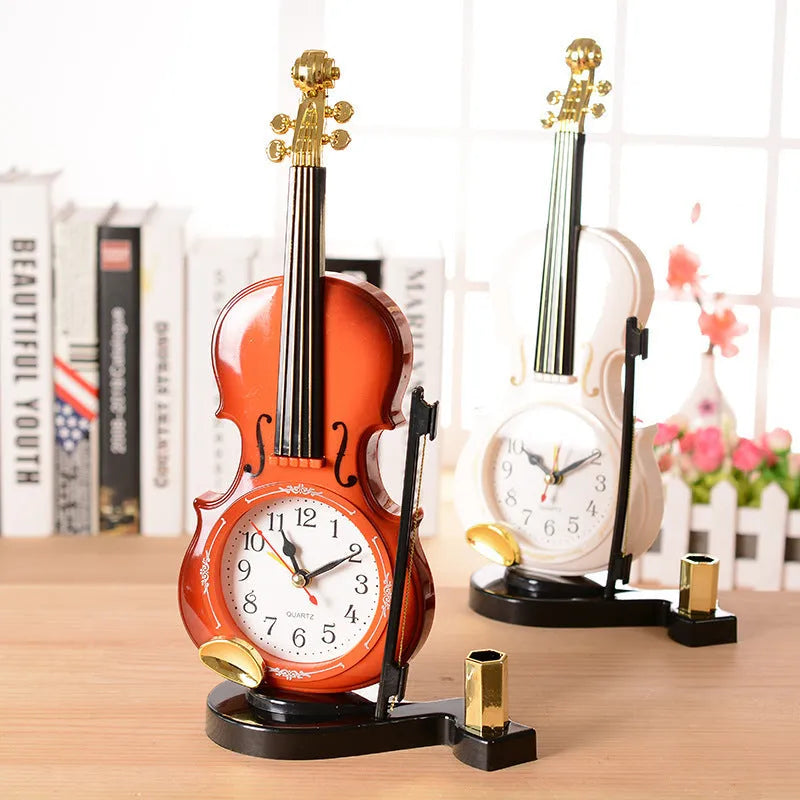 Brown violin pen inserted alarm clock with LED and pointer display on desk