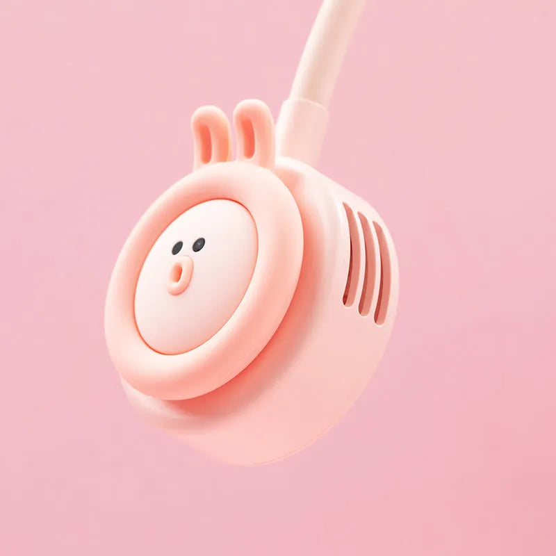 Pink and blue portable hanging neck fan with a flexible folding neck and leafless design.