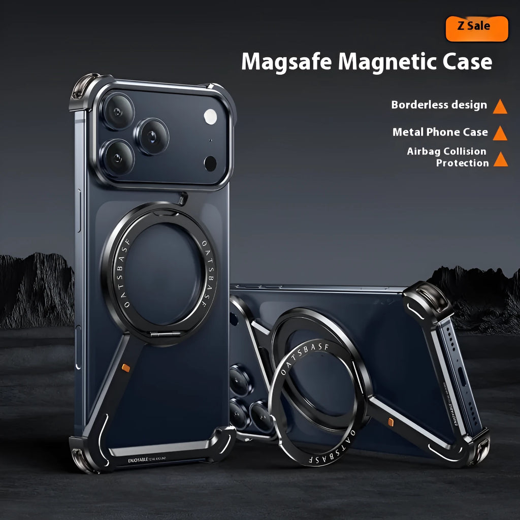 iPhone 17 Pro Max metal phone case with magnetic bracket in black electroplated finish