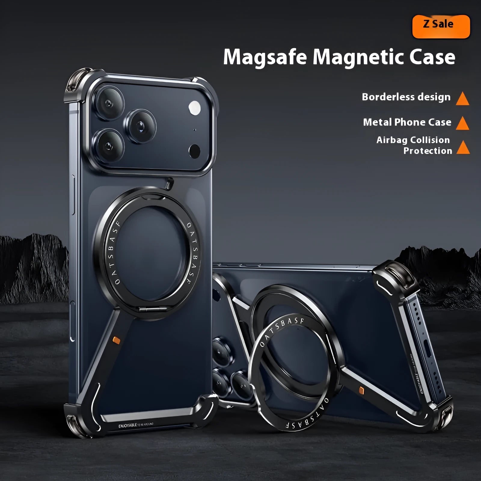 iPhone 17 Pro Max metal phone case with magnetic bracket in black electroplated finish