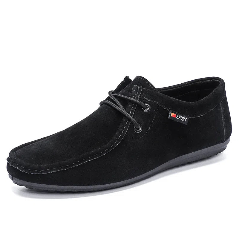 Men's casual slip-on loafers in brown with round toe, stitching, and non-slip plastic outsole