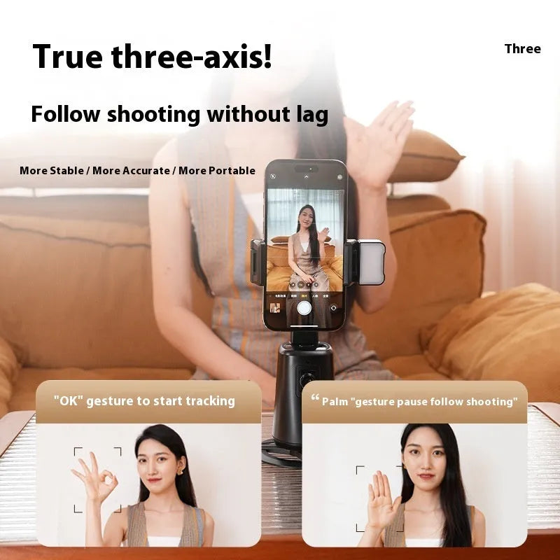 Black desktop phone holder with intelligent face tracking, rotating head and ribbon lights with remote control