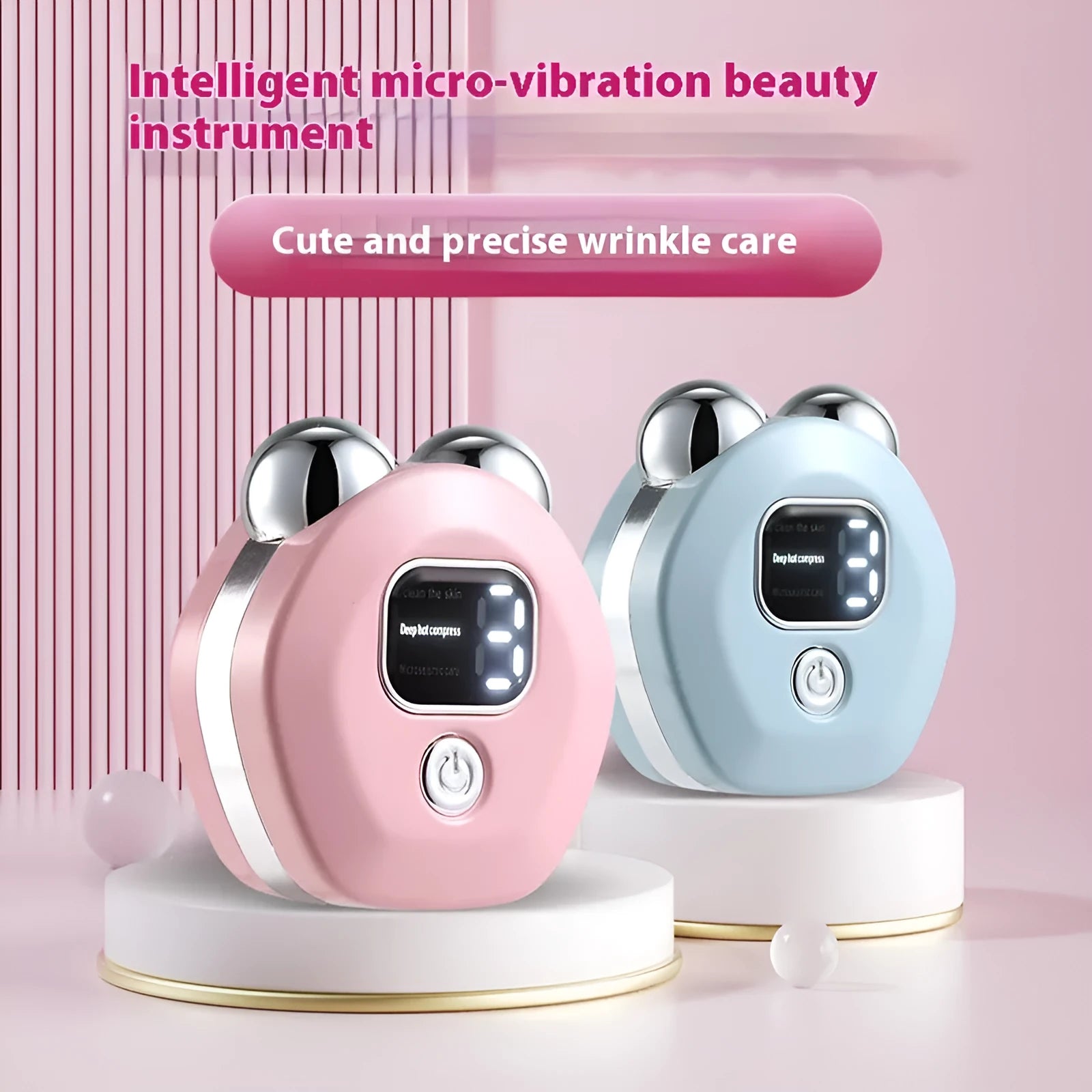 Portable double-roller facial massage instrument in light blue with micro current and hot compress functions