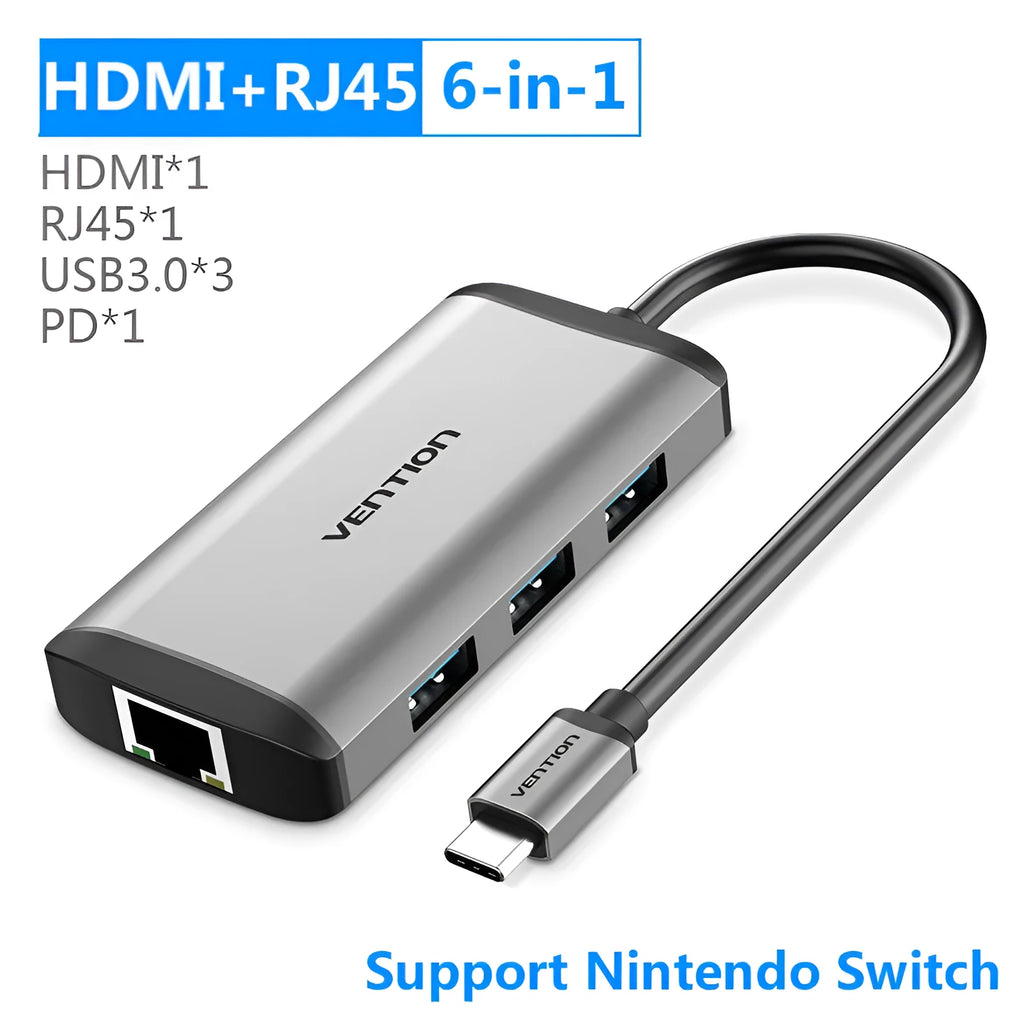 Deep grey USB C to HDMI adapter with multiple ports including Ethernet, USB and card readers