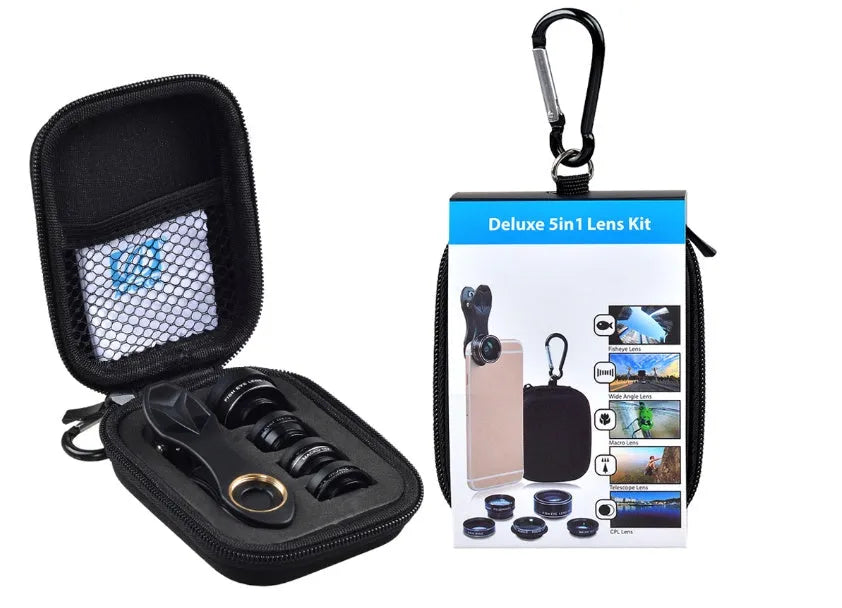 Universal 5-in-1 clip-on phone lens kit with wide angle macro fisheye telephoto and CPL lenses in black