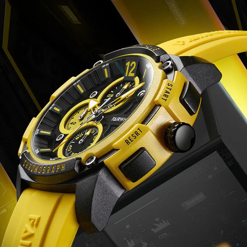 Men's quartz multifunctional watch with black dial and black tape strap, 11mm thickness, sport style