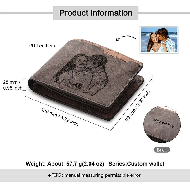 Coffee brown PU leather horizontal wallet with photo engraving, measuring 120mm wide