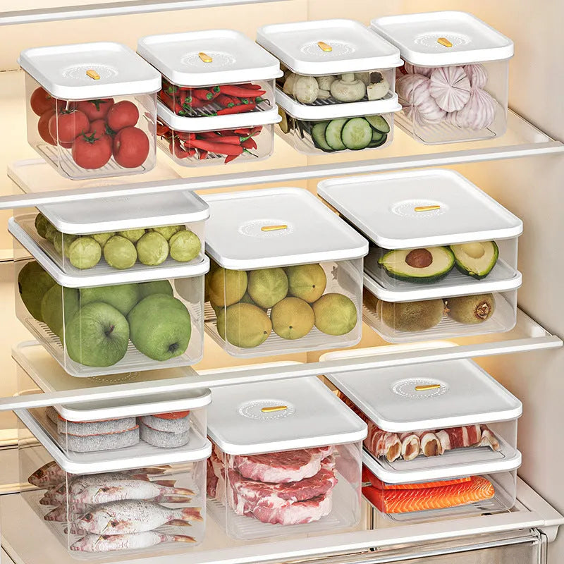 Home fashion food-grade plastic refrigerator storage box with airtight lid in simple style, available in four sizes