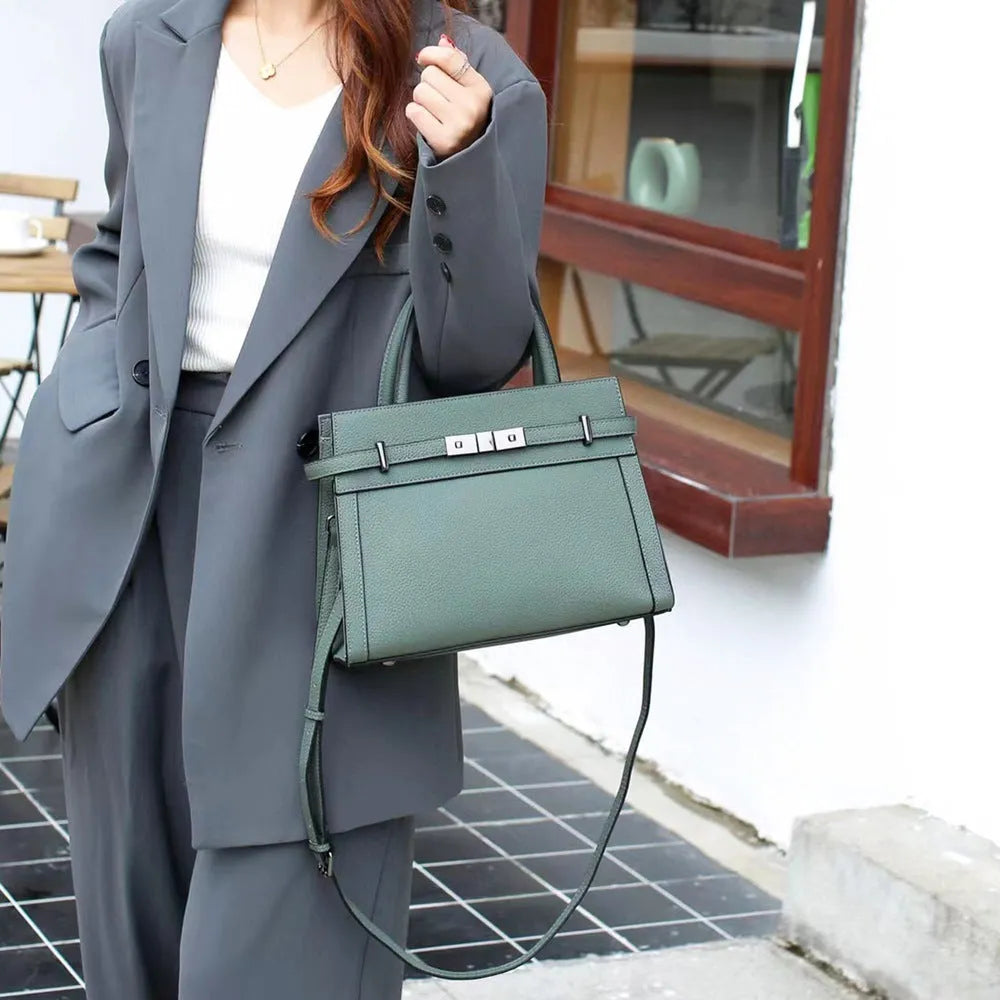 Small square genuine leather shoulder bag in horizontal design with multiple internal compartments