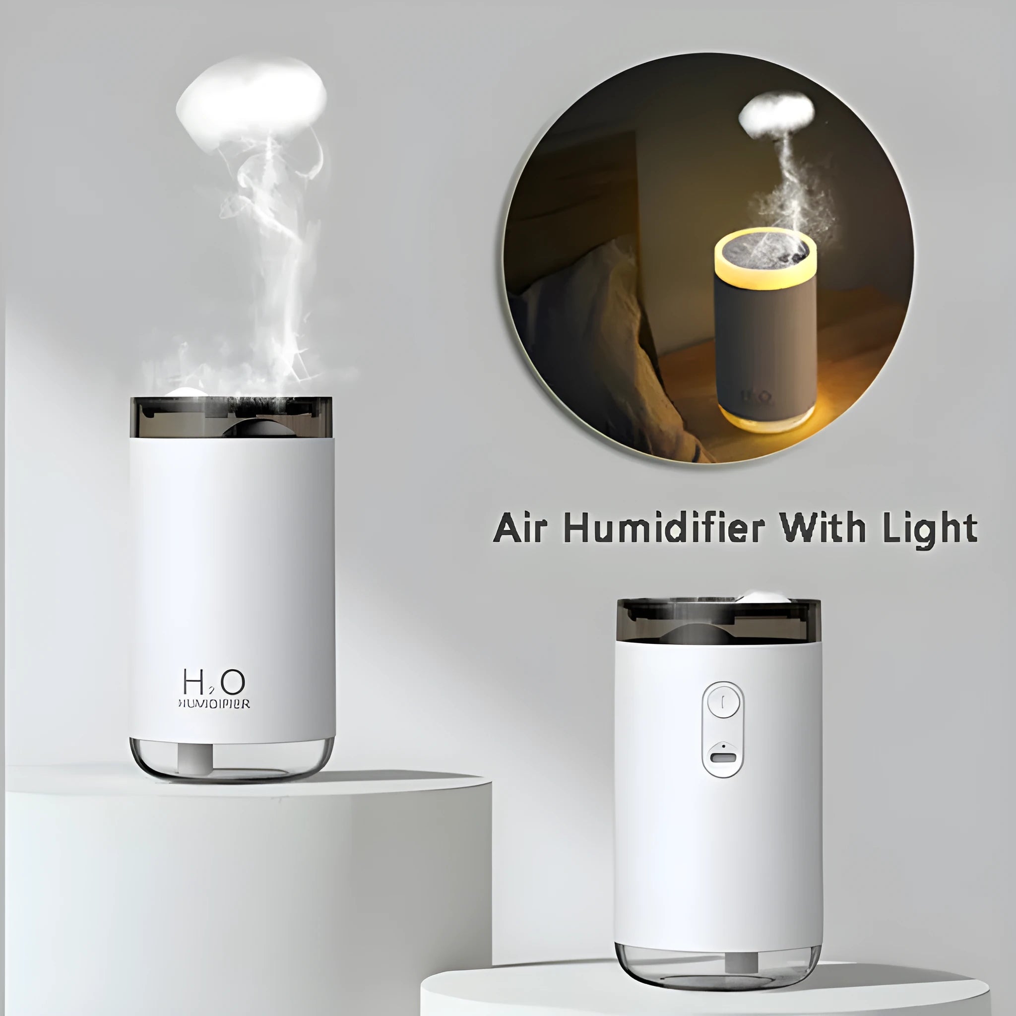Round white USB jellyfish humidifier with night light and water mist output