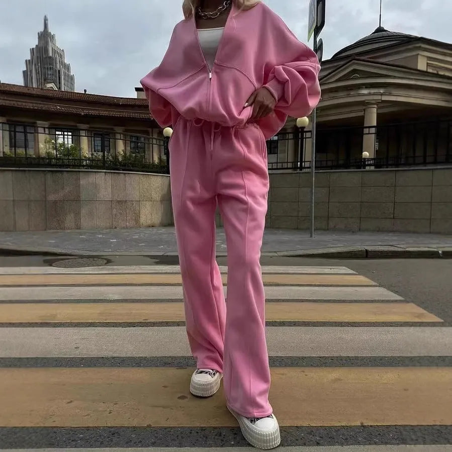 Women's pink cotton blend sweater and cropped pants two-piece set with collar stitching detail