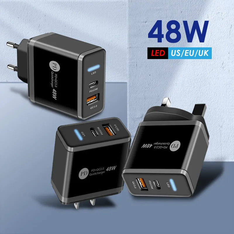 PD48W fast charging travel charger with type-C USB port and indication light