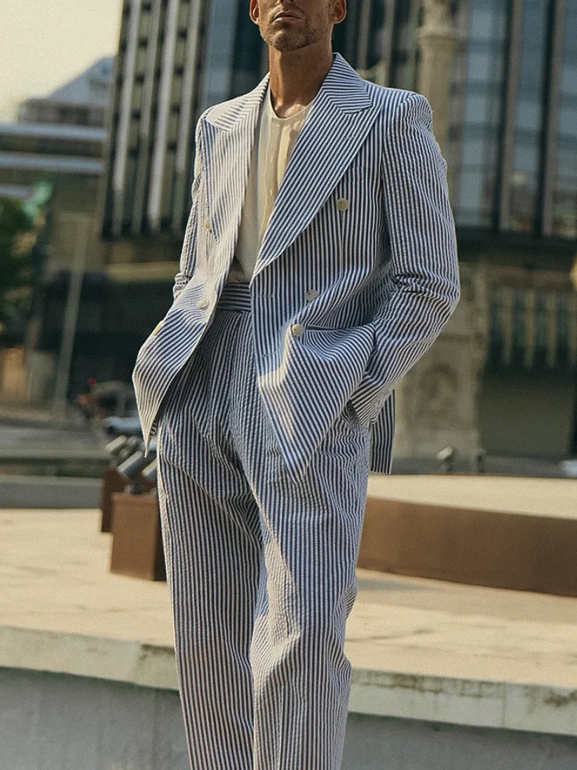 Blue and white striped women's polyester suit set with blazer and trousers