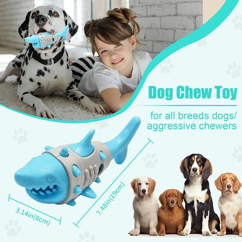 Blue leaky dog toy with shark-tooth texture for teething and dental cleaning