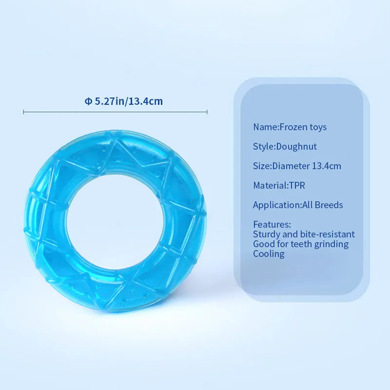 Set of three water-filled ice dog cooling toys including pacifier, popsicle mould, and ring shapes