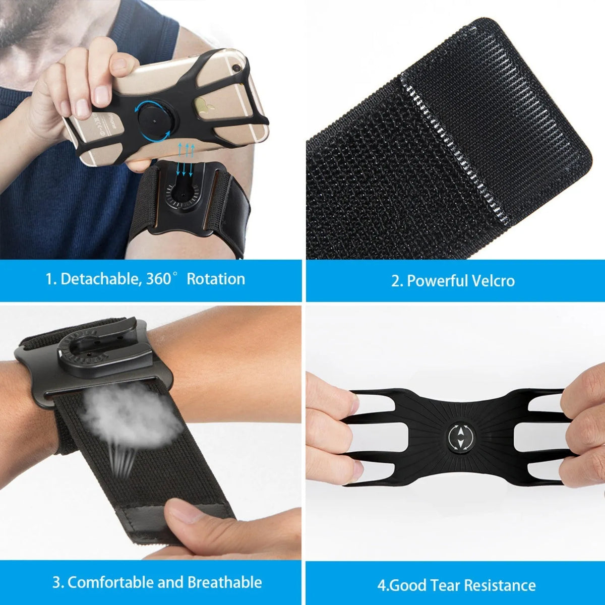 Black detachable swivel sports phone case with wrist strap, armband, silicone sleeve, and bicycle stand base