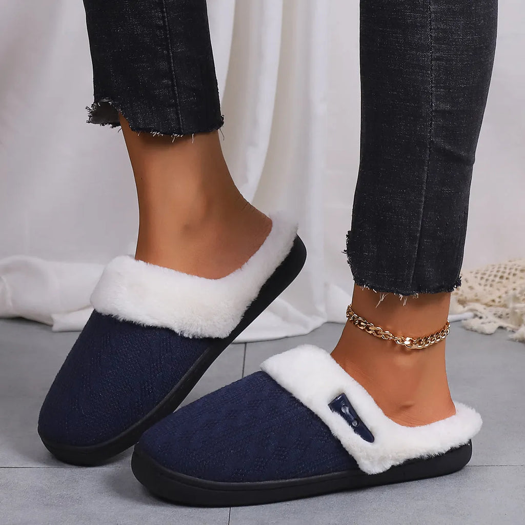 Winter cotton slippers with non-slip rubber sole, flat round toe and artificial hair lining, in five colours