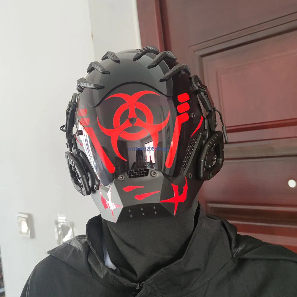 Black full face mask prop with bioweapon tech design and mechanical helmet styling for costume events
