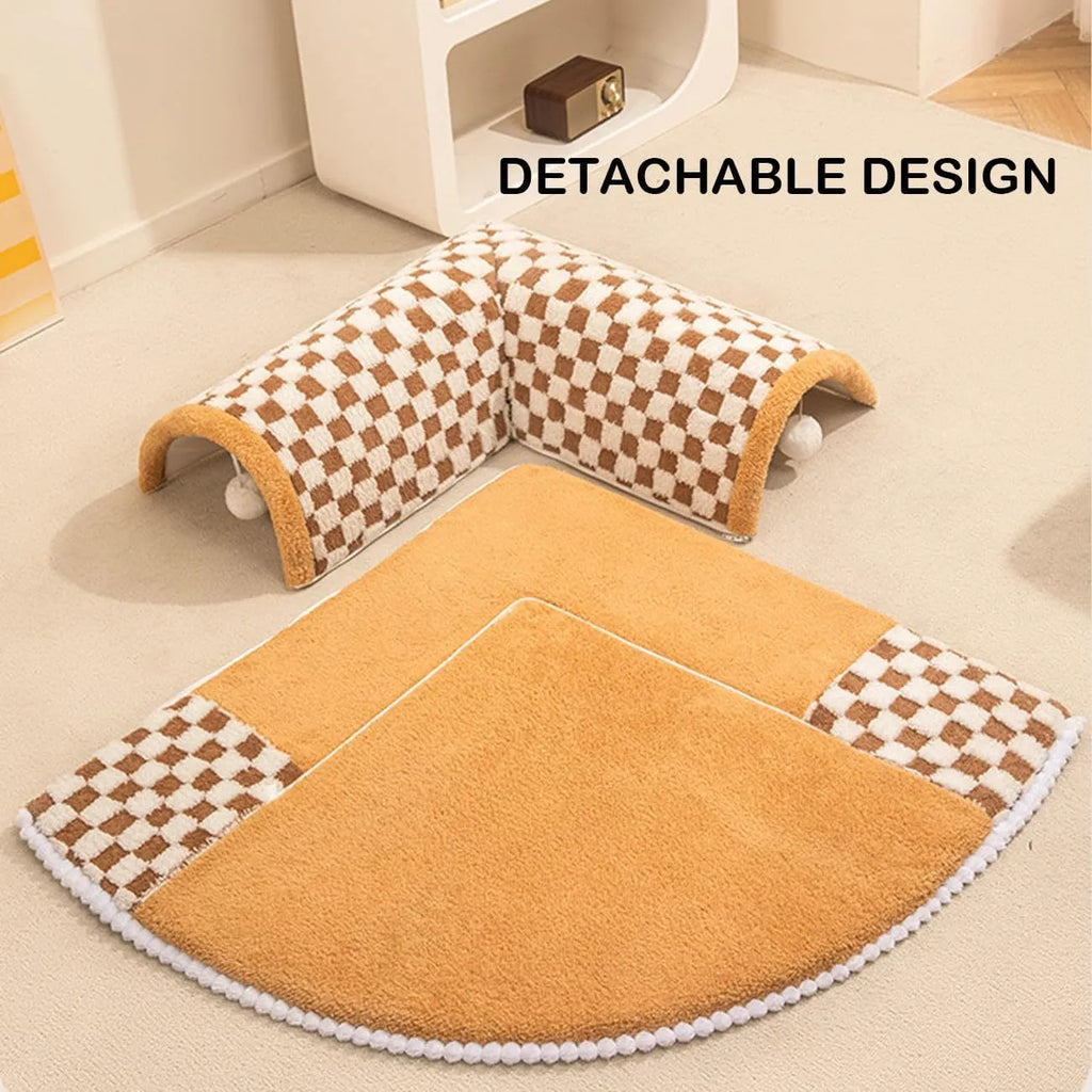 Fan-shaped plush pet bed with integrated tunnel in coffee colour, showing thick mat and anti-slip base.