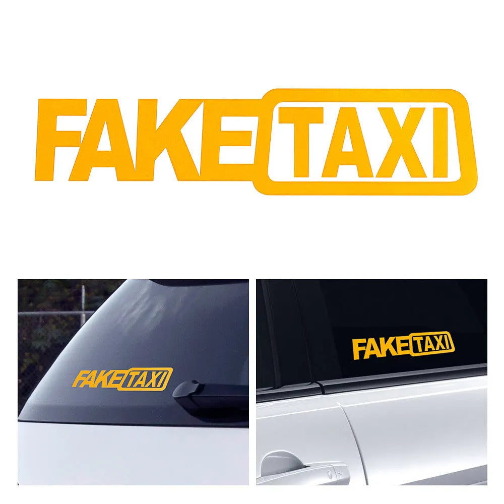 Fake Taxi drifting sign funny car sticker in black, 20x4.8cm on a car panel