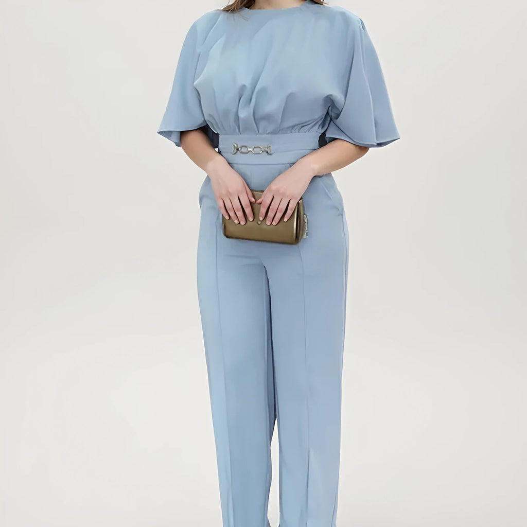 Blue men's polyester suit set with long sleeve blazer and trousers on hanger