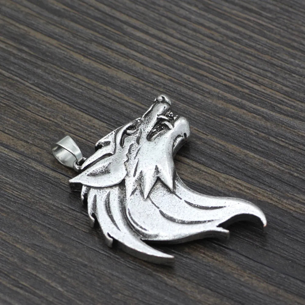 Men's wolf head pendant necklace in ancient silver or ancient bronze on a 58cm BS chain, Viking-style amulet.