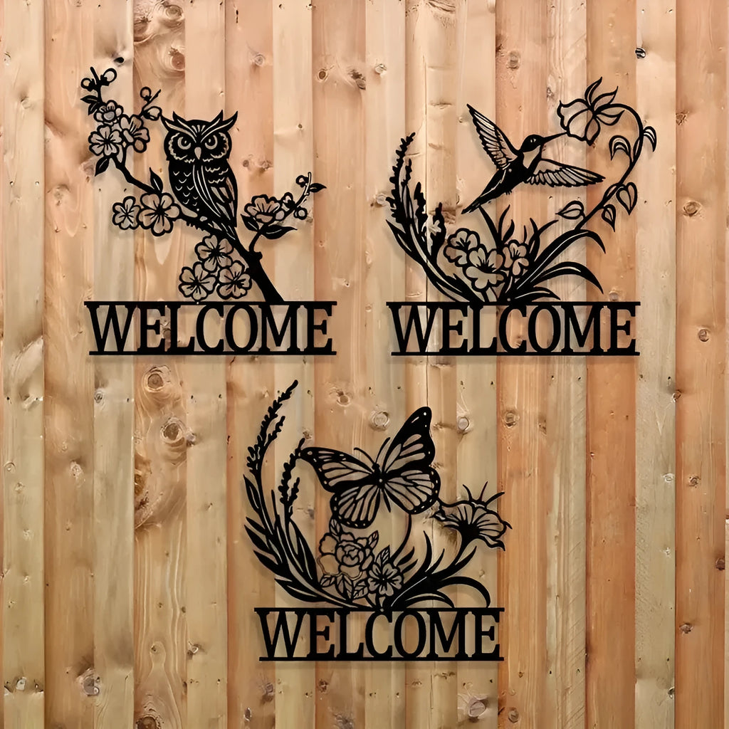 Metal silhouette welcome board for courtyard door with hummingbird design, wall-mounted wrought iron style