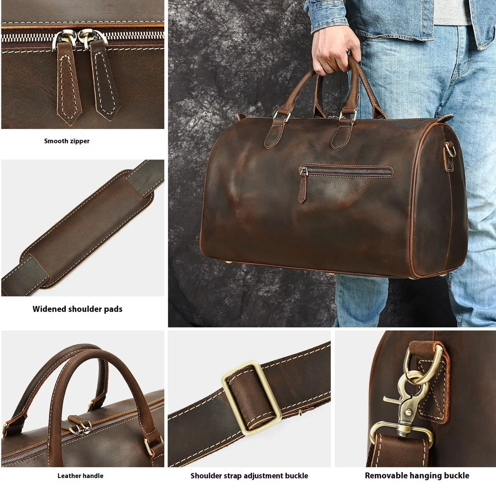 Genuine leather vintage-style crossbody bag for men in brown colour showing large capacity.