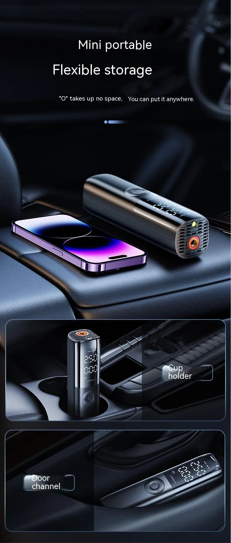 Black portable electric car air pump with pressure gauge and inflation tube