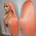 Light orange long straight front lace wig on a model, showing side bangs style.