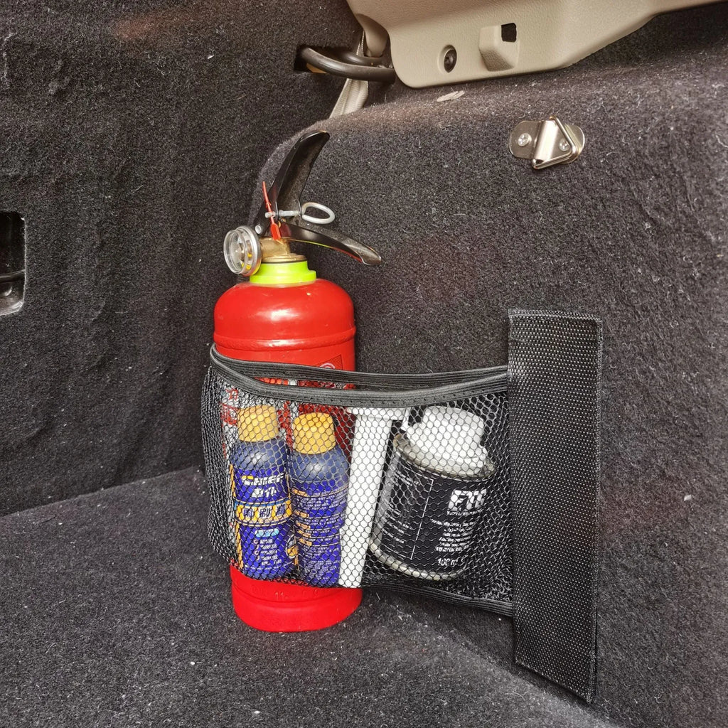 Stretchy polyester car boot storage net with hook and loop fasteners, shown in 20x45cm size.
