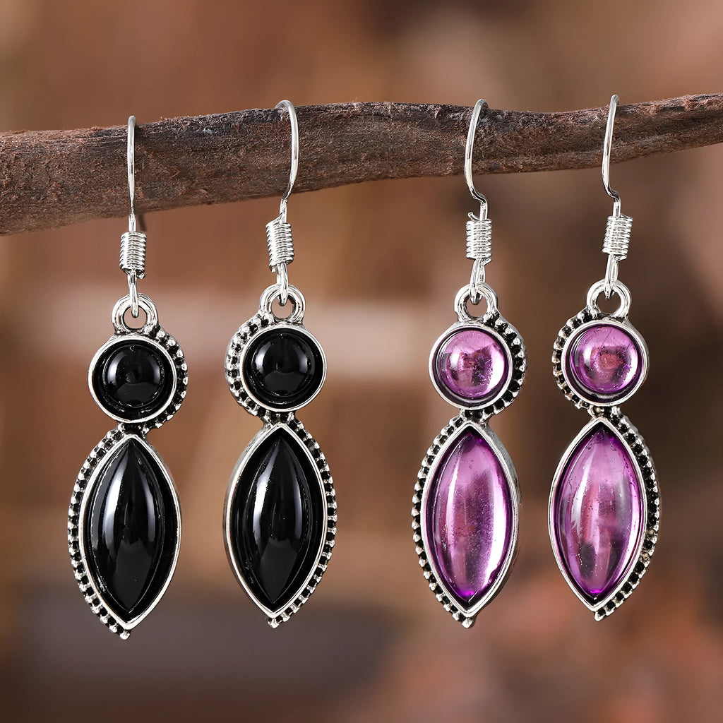 Vintage bohemian geometric pendant earrings with black and purple electroplated finish on zinc alloy