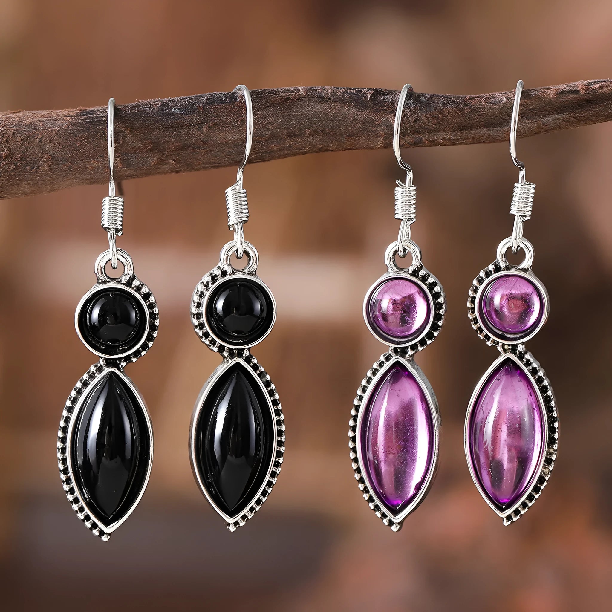 Vintage bohemian geometric pendant earrings with black and purple electroplated finish on zinc alloy
