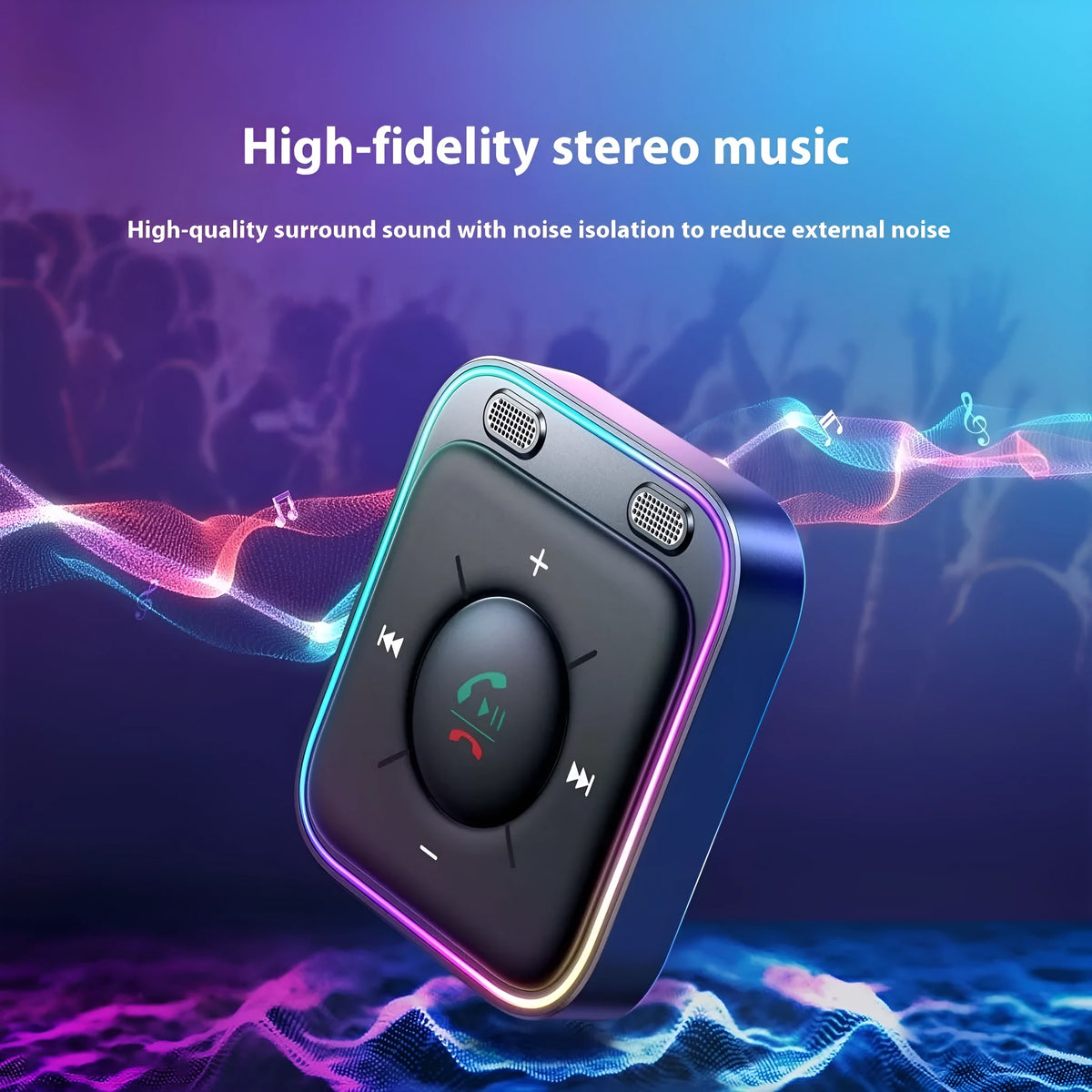 Black Bluetooth receiver MP3 player with noise reduction adapter and TF card slot, 40.5mm by 45.7mm