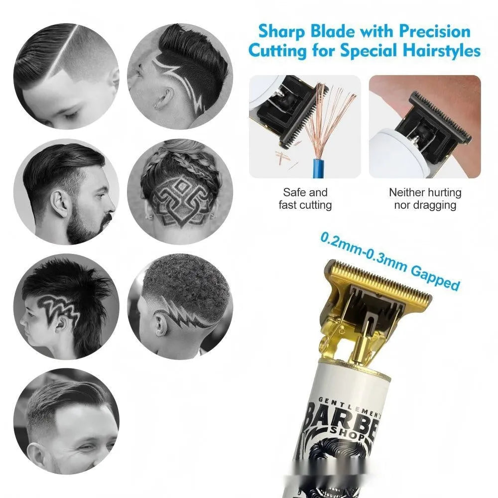 Rechargeable hair clipper with stainless steel cutter head and plastic body on a white background.