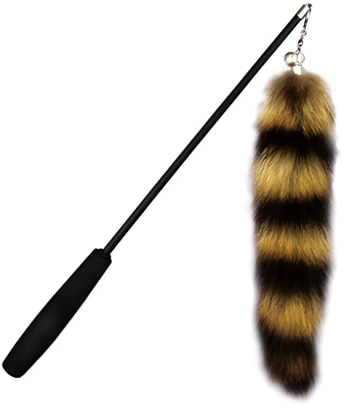 Black cat toy wand with long elastic string for interactive feline play and exercise