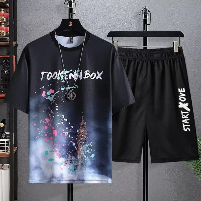Men's ice silk summer suit with short sleeve top and matching shorts in polyester fabric
