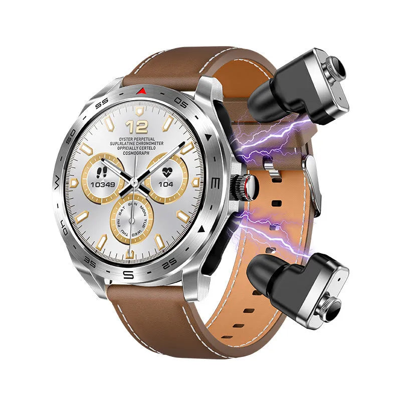 T95 Smart TWS smartwatch with black steel belt showing heart rate and time on IPS screen