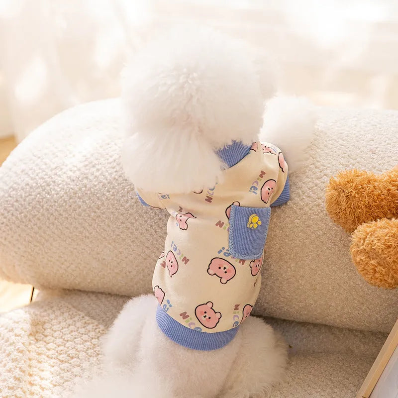 Pet clothing with warm pockets, soft velvet, blue colour, on a small dog or cat, bear home wear style