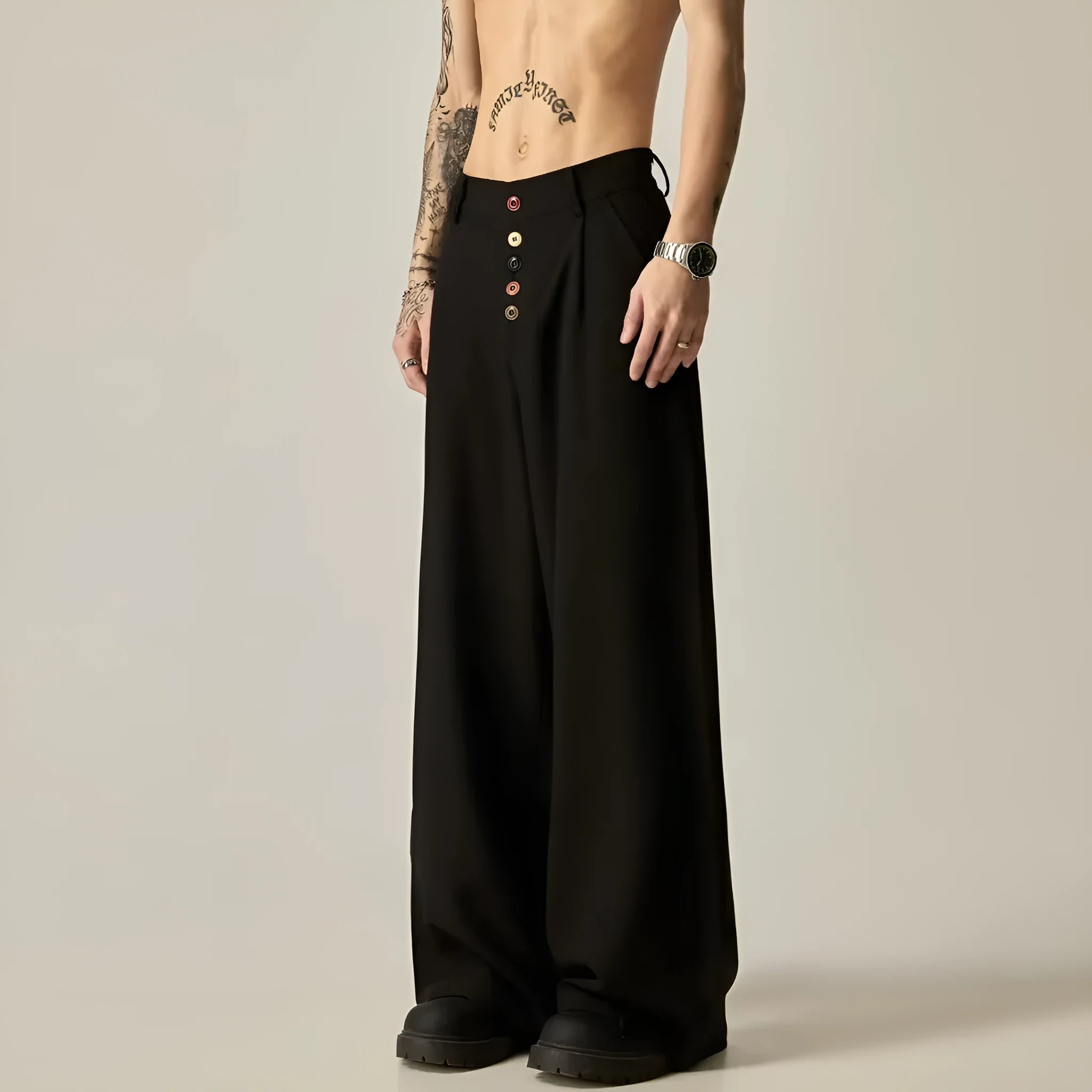 Men's black vertical tube wide-leg casual trousers showing straight-leg silhouette and mid waist design