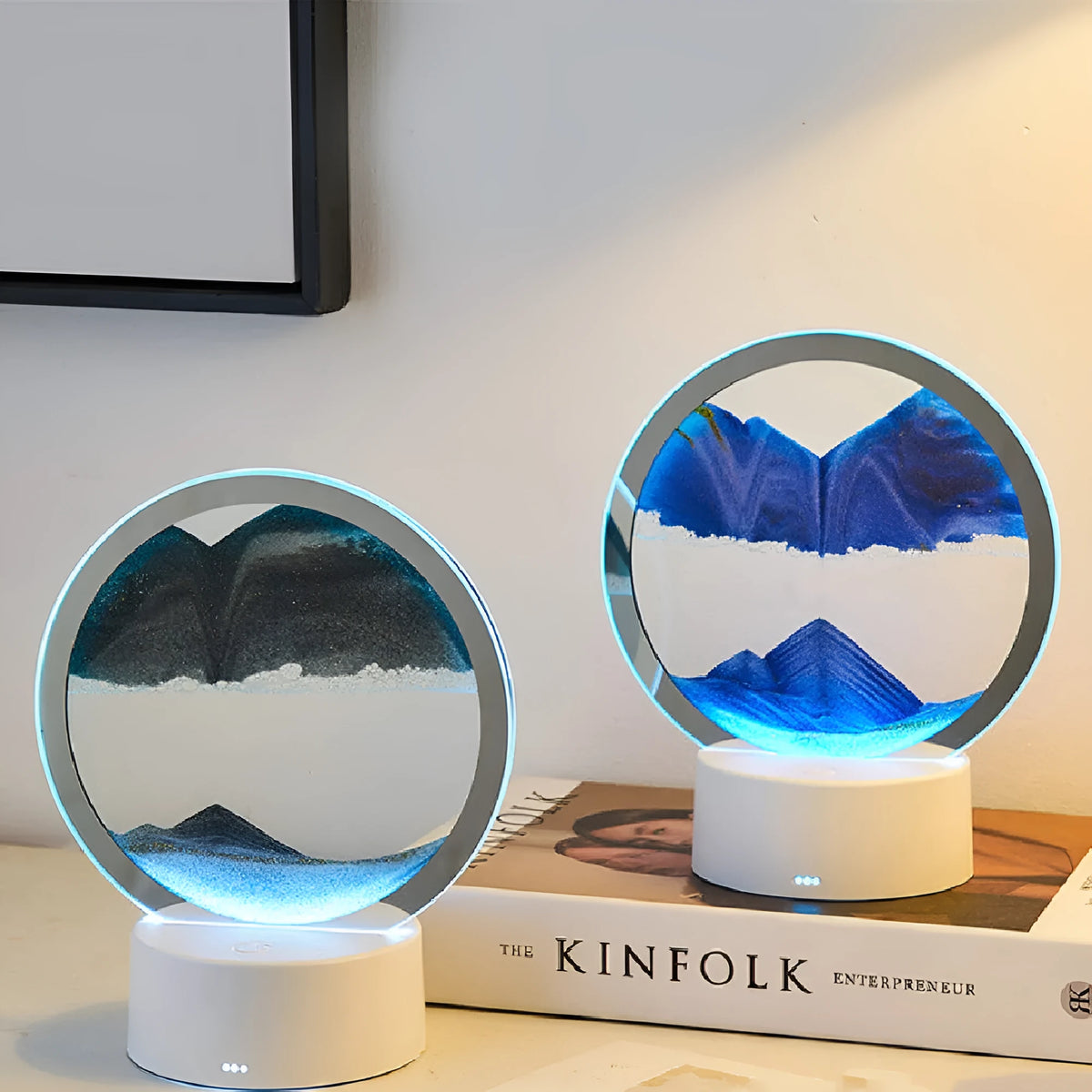 Creative gift quicksand lamp with acrylic lampshade and touch switch showing flowing sand painting in colourful light
