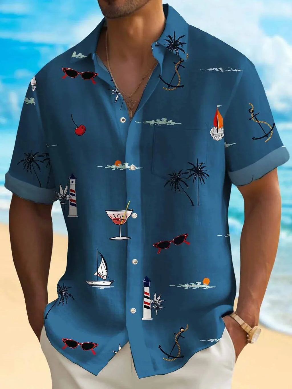 Men's loose fit Hawaiian shirt with digital printed pattern in multiple colour options