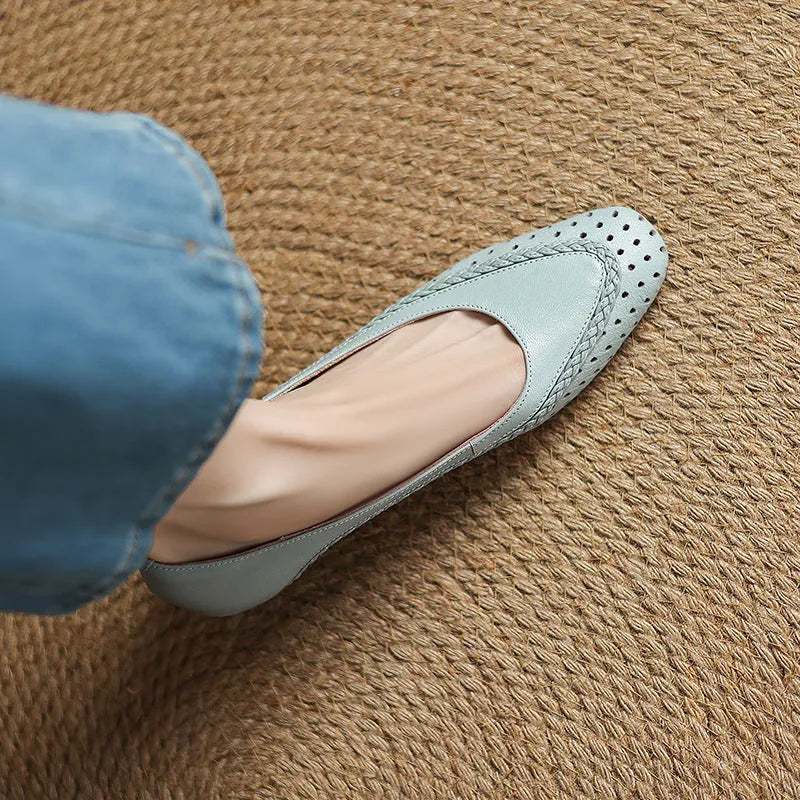 Women's shallow mouth hollow-out sandals with round toe, mid heel, sheepskin upper, beef tendon sole, sizes 34-41