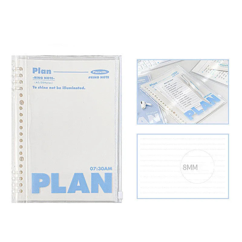 A5 PVC spiral notebook with transparent cover in blue or white, showing spiral binding and standard paper size