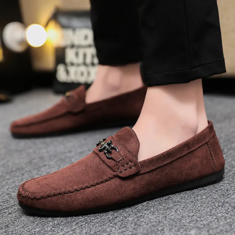 Men's black waterproof slip-on loafers with round toe and rubber sole